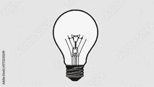 Hand drawn light bulb vector illustration of an isolated, glowing glass object representing a bright idea, energy, and inspiration