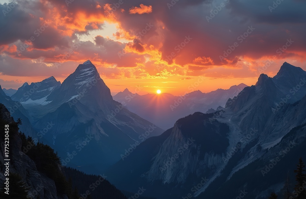 Obraz premium Majestic mountains at sunset with fiery orange, blue sky. Rugged peaks form dramatic natural landscape. Sun rays pierce through clouds over serene range. This scenic view fits travel, nature themes.