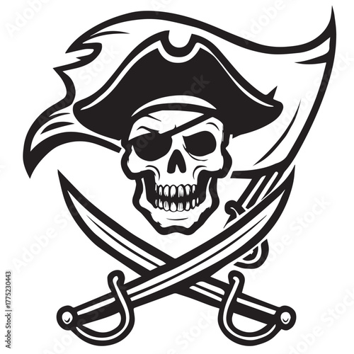 Bold black-and-white pirate emblem featuring a grinning skull with an eye patch and feathered pirate hat. Behind the skull is a flowing flag, and below it