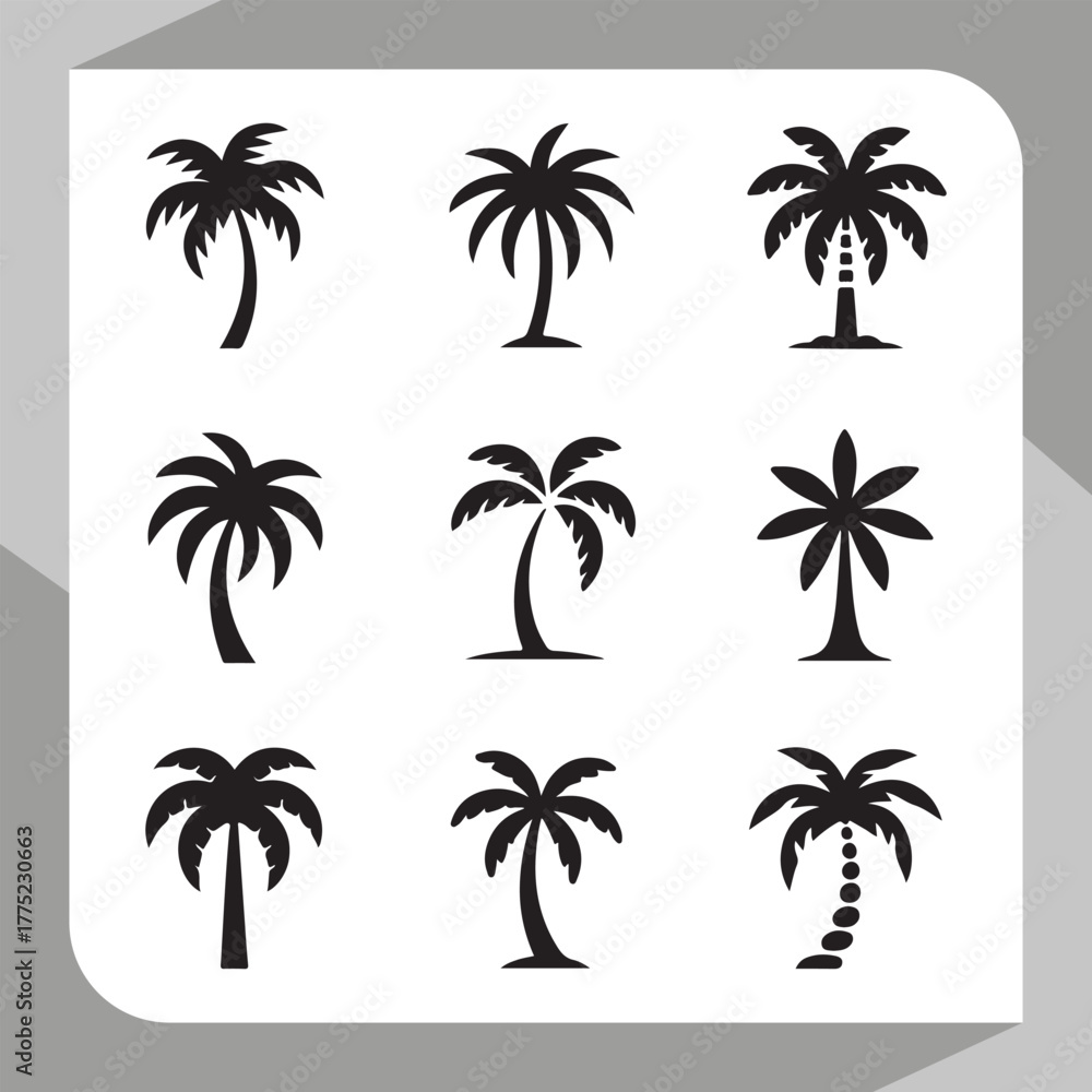 Fototapeta premium Palm tree silhouette set. palm trees icon. coconut tree silhouette. Black palm trees set. Vector illustration. black palm tree shape collection.