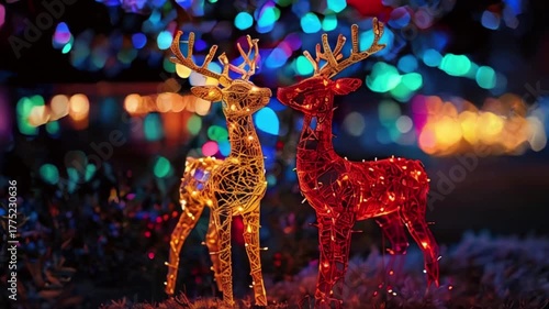 two decorative reindeer made of gold and red lights, standing side-by-side in a festive outdoor setting with a blurred background, created with generative ai