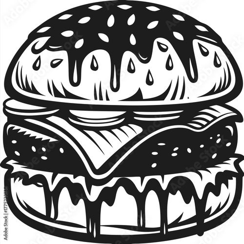 A tempting black and white burger featuring drippy cheese sits ready to eat