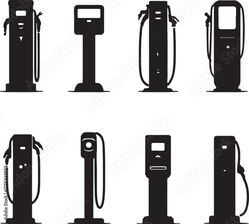 Collection of black silhouette gas pumps on white background