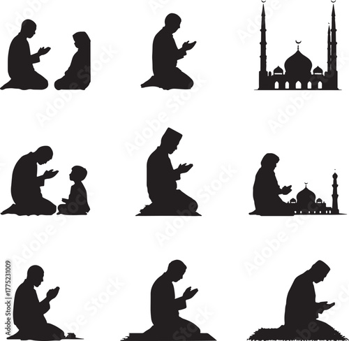 Muslim family prayer and mosque silhouettes islam