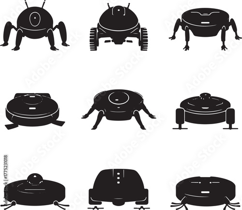 Nine Black Icons of Futuristic Robots on White silhouette