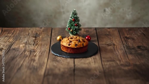 Traditional Epiphany cake Roscon de Reyes with paper crown on wooden table top with small Christmas tree and decoration, created with generative ai