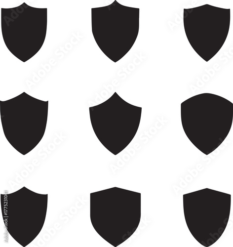 Nine Black Shield Icons on White Background emblem