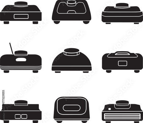 Nine Black Icons of Various Projectors on White silhouette