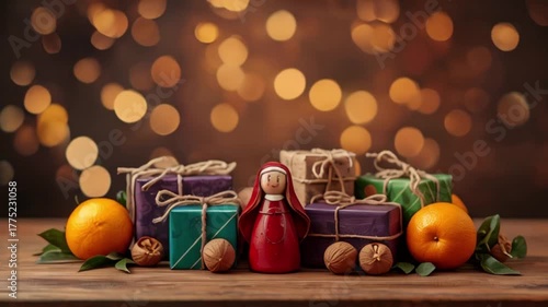 a festive background featuring a wooden table with several colorful gift boxes, created with generative ai