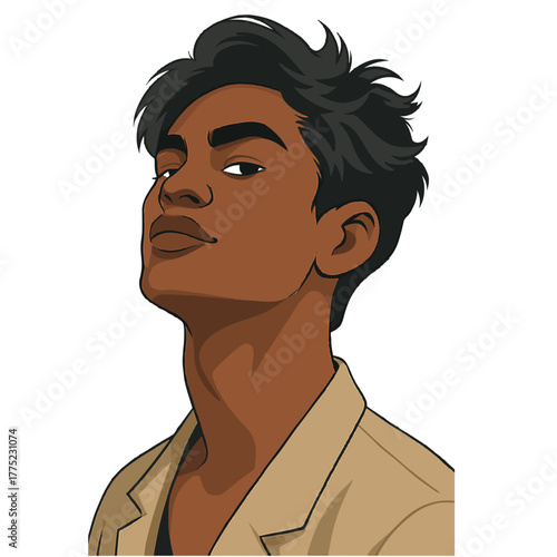 Stylized vector portrait of a confident young person with dark skin and tousled black hair, wearing a beige jacket over a black shirt. The clean lines and solid colors evoke a modern graphic novel .