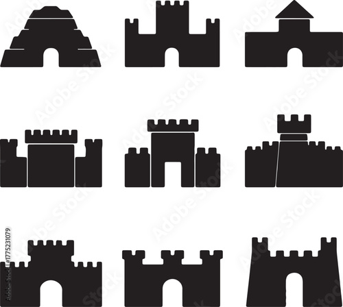 Nine black silhouette sandcastle icons on white background
