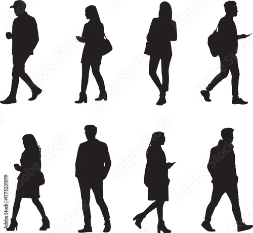 Pedestrian Silhouettes Walking with Phones people