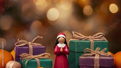 a festive background featuring a wooden table with several colorful gift boxes, created with generative ai