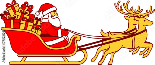 Santa Claus illustration riding a sleigh pulled by reindeer.