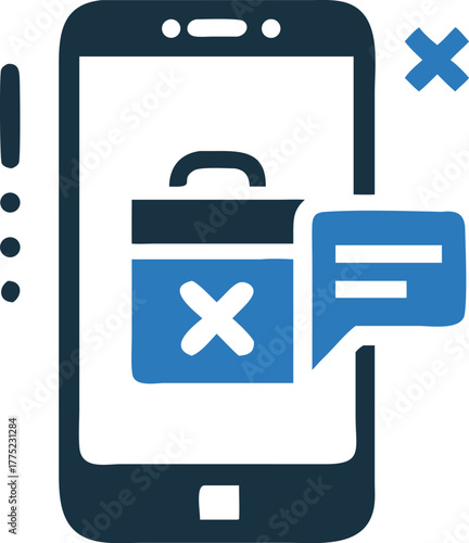 A blue smartphone displays a briefcase symbol with a cancellation notification next to an exclamation point