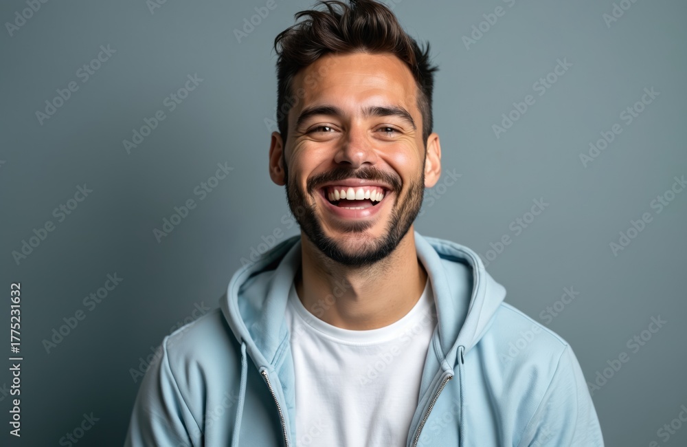 Fototapeta premium Joyful man in light blue hoodie smiles broadly, showing white teeth. He has a beard and dark hair. Young adult male radiates happiness, positive emotion. Lifestyle portrait, friendly guy, good mood.