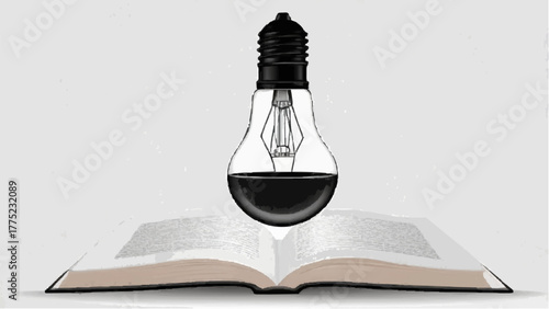 Open book with a glowing light bulb casting light on the pages of literature, symbolizing education and knowledge