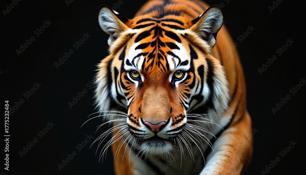Fototapeta premium Fierce tiger prowls forward with intense gaze and striped fur. This majestic predator showcases raw power and wild beauty. Big cat hunts in natural habitat, representing conservation needs.
