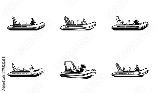 Rigid inflatable boat (RIB) silhouettes — black and white vector icons of motorized rescue boats, side view collection for marine design