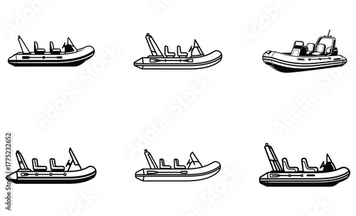 Rigid inflatable boat (RIB) silhouettes — black and white vector icons of motorized rescue boats, side view collection for marine design