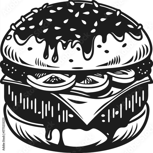 A detailed black and white burger showcases cheese, tomatoes, and sesame seeds beautifully