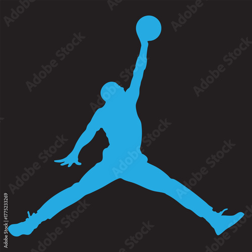 Iconic Blue Jumpman Silhouette: Dynamic Basketball Player in Mid-Air on Black Background.