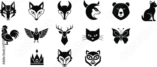 Animal logo collection, minimalist animal icons, modern vector silhouettes, fox, bear, cat, deer, bird, butterfly, creative animal design, geometric style, black graphic illustration