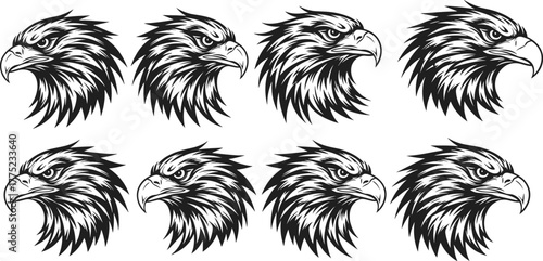 Eagle head illustration set, fierce bird mascot vector, powerful predator design, detailed eagle artwork, wildlife animal logo, patriotic symbol, sports emblem graphic, bold art