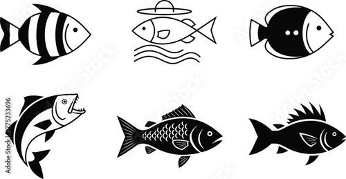 Fish vector icons collection, aquatic animal silhouettes, modern black and white fish illustration set, marine life logo design for fishing, seafood, and aquarium themes