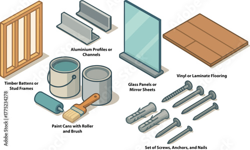 Isometric icon set of interior fit-out materials: timber, aluminium, glass, flooring, paint, fasteners