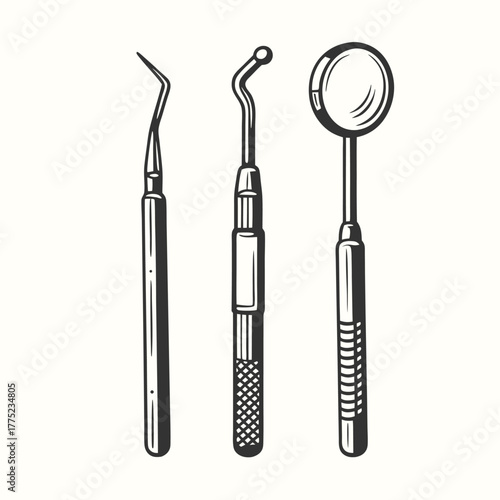 Dental examination tools meticulously line up, forming a stark black and white composition