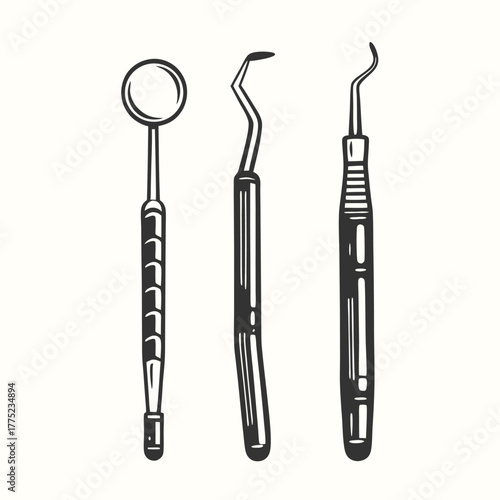 Dental hygiene tools consisting of a mirror and two picks on a white background