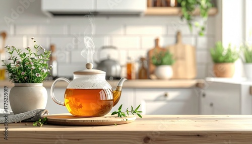 Wallpaper Mural Steaming hot herbal tea in a clear glass teapot rests on a wooden table in a bright sunlit kitchen with green potted plants in the background a comforting and warm atmosphere Torontodigital.ca