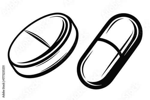 Black and white medicine capsule and pill offer simplistic medical icon appeal