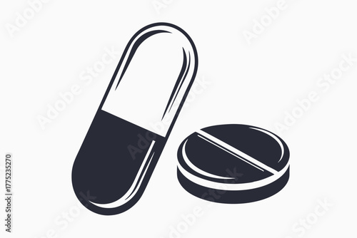 Black and white medicine icon depicting pill and capsule, representing healthcare treatment