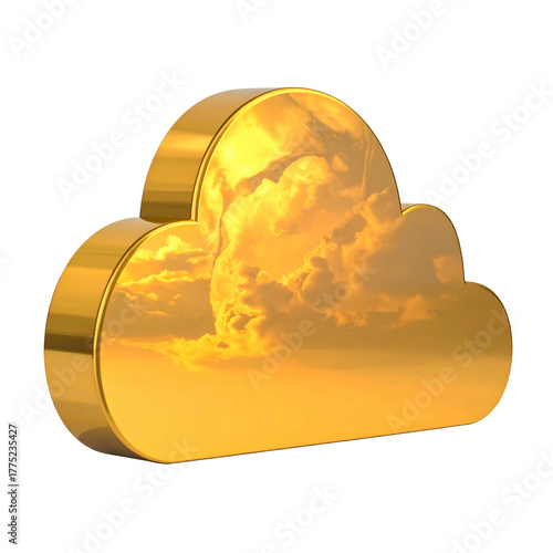 3D rendered golden cloud, reflecting a fiery sky, against a black background