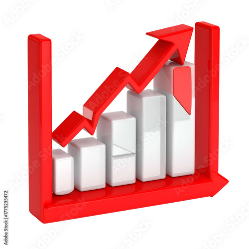 3D rendered graph showing upward trends with a bold red arrow and bar chart