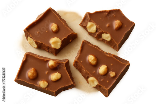 Broken milk chocolate with whole hazelnuts, sweet dessert for snacking, transparent background