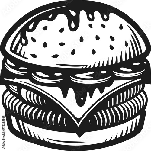 Detailed burger drawing features sesame seed bun, cheese, meat, and dripping sauce
