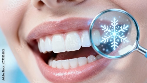 A woman smiling with sparkling teeth and a snowflake in the dentist's mirror, perfect for dental marketing and winter promotions, for teeth whitening