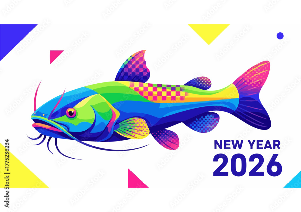 Fototapeta premium Stylized colorful fish character on a light blue background, vector illustration 