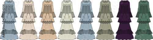 Set of elegant maxi dress fashion illustrations with lace details and tiered ruffles, a versatile clothing design concept shown in multiple colorways