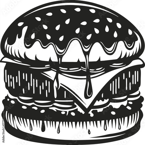 Detailed black and white burger with dripping sauce looks extremely appetizing