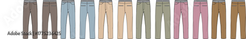 Set of multicolored casual pants in a diverse color palette. Flat technical sketch illustration for apparel mockups and fashion catalogs