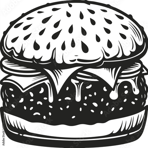 Black and white shows tasty burger filled with cheese, tomato, and patty