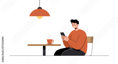 Vector illustration of a young man sitting at a cafe table, using his smartphone next to a cup of hot coffee.