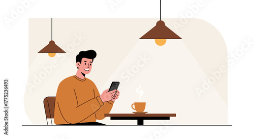 A young man sits at a cafe table with a hot drink, smiling as he looks at his smartphone.