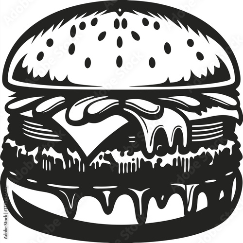 Delectable monochrome burger showcases oozing cheese, dripping condiments and a seeded bun in tasty detail