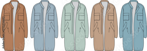 A vibrant collection of women's long parka jackets, showcasing a fashion design template flat sketch for apparel and outerwear concepts