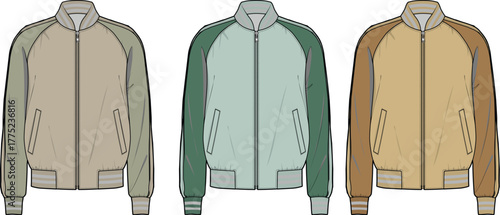 Set of three casual bomber jackets with contrasting sleeves and ribbed cuffs